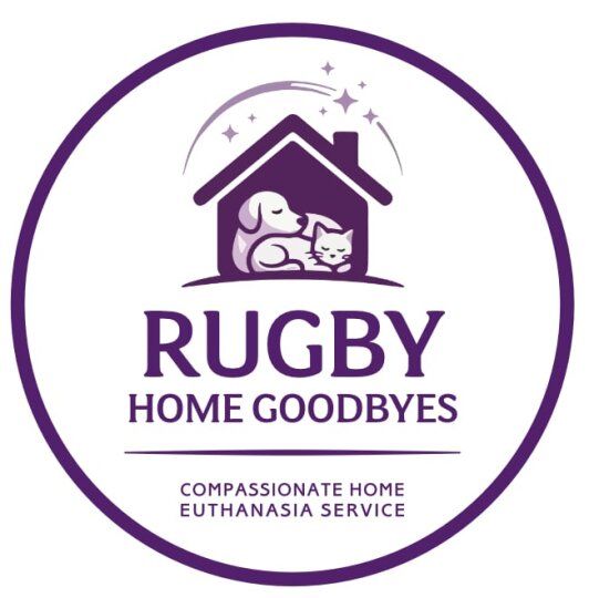 The Rugby Home Goodbyes logo: a house sheltering a cat and dog